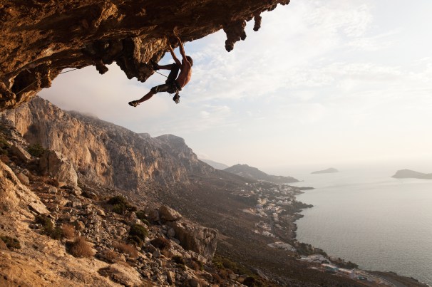 Rock climber at sunset Kalymnos Island Greece